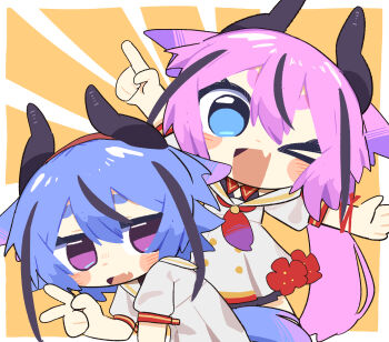 2others a.i._voice arms_up beret black_horns black_streaks blue_eyes blue_hair blush_stickers buttons chibi chibi_only commentary double-breasted double-parted_bangs dress fang flower gynoid_talk hat highres horned_hat horns index_finger_raised jitome konohoshi long_hair low_ponytail low_twintails meika_hime meika_mikoto multicolored_hair multiple_others necktie one_eye_closed open_mouth orange_background pink_eyes pink_hair plum_blossoms ponytail puffy_sleeves red_hat red_necktie red_ribbon ribbon short_eyebrows sidelocks skin_fang smile standing streaked_hair symbol-only_commentary thick_eyebrows three-quarter_sleeves twintails two-sided_dress two-sided_fabric two-tone_background v very_long_hair white_background white_dress wrist_ribbon