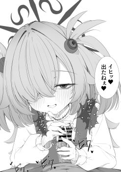 Rule 34 | 1boy, 1girl, absurdres, blue archive, censored, commentary request, cum, double handjob, dress, ejaculation, erection, eyeball hair ornament, hair over one eye, halo, handjob, hetero, highres, kanoe (blue archive), long hair, looking at viewer, monochrome, penis, pinafore dress, pov, scar, scar on neck, sleeveless, sleeveless dress, smile, solo focus, translation request, two side up, white background, yumitsuki