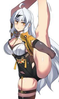 1girl absurdres ahoge bare_legs black_shorts breasts cleavage high-waist_shorts highres hinghoi large_breasts standing_split leg_up long_hair looking_at_viewer short_shorts shorts simple_background solo standing standing_on_one_leg thigh_strap thighs very_long_hair white_background white_hair yellow_eyes yixuan_(zenless_zone_zero) zenless_zone_zero