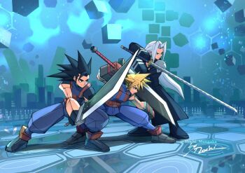 3boys armor black_boots black_coat black_hair blonde_hair blue_eyes blue_pants blue_shirt boots buster_sword cloud_strife coat fighting_stance final_fantasy final_fantasy_vii final_fantasy_vii:_ever_crisis final_fantasy_vii_remake full_body furrowed_brow grey_hair hair_slicked_back holding holding_sword holding_weapon long_coat long_hair low_poly male_focus masamune_(ff7) materia mochi_mangaka multiple_boys over_shoulder pants parted_bangs pauldrons sephiroth shirt short_hair shoulder_armor sideburns signature smile spiked_hair suspenders sword sword_over_shoulder twitter_username weapon weapon_over_shoulder zack_fair