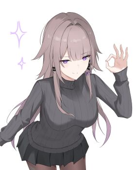 Rule 34 | 1girl, absurdres, black pantyhose, black skirt, black sweater, breasts, brown hair, closed mouth, commentary, cowboy shot, english commentary, hand up, herta (honkai: star rail), highres, honkai: star rail, honkai (series), leaning forward, long hair, long sleeves, medium breasts, nicel, ok sign, pantyhose, purple eyes, simple background, skirt, smile, solo, sparkle, sweater, the herta (honkai: star rail), turtleneck, turtleneck sweater, white background