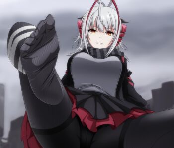 1girl arknights black_jacket black_panties black_pantyhose black_scarf black_skirt breasts cloud cloudy_sky commentary demon_horns eyelashes feet grey_shirt grey_sky grin hair_between_eyes highres horns jacket looking_at_viewer makiri_akira medium_breasts miniskirt multicolored_hair open_clothes open_jacket orange_eyes outdoors panties panties_over_pantyhose pantyhose pleated_skirt red_hair red_skirt scarf shirt short_hair silver_hair sitting skirt sky smile soles solo spread_legs streaked_hair striped_clothes striped_scarf symbol-shaped_pupils thighband_pantyhose two-tone_hair two-tone_skirt underwear unzipped w_(arknights)
