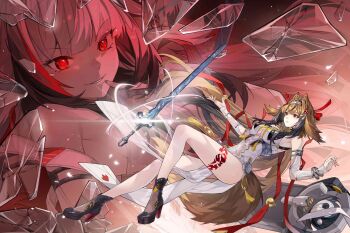 2girls absurdres alt_text animal_ear_fluff animal_ears armlet bare_shoulders black_hair black_shoes bracelet breasts brown_hair brown_tail china_dress chinese_clothes clover clover_hair_ornament commentary dress droopy_ears dual_persona english_commentary evil_smile floating floating_object floating_sword floating_weapon glass_shards glowing glowing_eyes gradient_hair hair_ornament hairband highres jewelry large_breasts leg_tattoo libero_art long_hair looking_at_object looking_at_viewer metal_bracelet multicolored_hair multiple_girls parted_lips pelvic_curtain qingming_sword red_eyes red_hair sheath shoes silver_armlet silver_bracelet smile sword tail tattoo very_long_hair weapon white_dress white_hair white_hairband ye_shunguang zenless_zone_zero