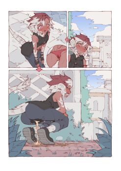 1girl absurdres au_ra blush comic dark-skinned_female dark_skin female_focus final_fantasy final_fantasy_xiv have_to_pee highres horns multicolored_hair outdoors panties pants peeing peeing_self pink_eyes puddle rune_(dualhart) scales shoes short_hair solo squatting tail two-tone_hair underwear wet wet_clothes wet_panties wet_pants white_scales