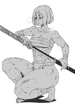 1girl abs bare_shoulders barefoot biceps breasts cleavage commentary_request drawing_sword fate/grand_order fate_(series) fundoshi greyscale highres holding holding_sword holding_weapon japanese_clothes katana kneeling medium_breasts minew monochrome muscular muscular_female navel parted_bangs sarashi sheath short_hair solo sweat sword thick_thighs thighs ushi_gozen_(fate) weapon