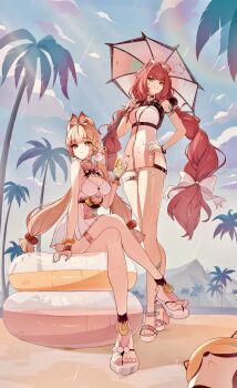 2girls absurdres alice_thymefield beach beach_umbrella blonde_hair blue_eyes braid braided_bangs breasts crossed_legs day drink food green_eyes heterochromia highres holding innertube jewelry legs long_hair looking_at_viewer low_twintails multiple_girls one-piece_swimsuit outdoors palm_tree pink_hair rainbow red_eyes red_hair sandals sitting smile swim_ring swimsuit tree twin_braids twintails ukinami_yuzuha umbrella very_long_hair yeguojun_will yellow_eyes zenless_zone_zero