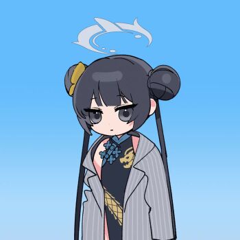 1girl animated black_dress black_gloves black_hair blue_archive blue_background braid braided_bun butterfly_hair_ornament china_dress chinese_clothes dot_nose double_bun dragon_print dress flying frown gloves gradient_background grey_eyes grey_halo hair_bun hair_ornament halo helicopter_hair highres jacket je_o_mo kisaki_(blue_archive) legs_together long_hair looking_at_viewer pelvic_curtain pinstripe_jacket pinstripe_pattern print_dress short_dress simple_background sleeveless sleeveless_dress solo striped_clothes striped_jacket tagme twintails vertical-striped_clothes vertical-striped_jacket very_long_hair video