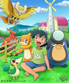1boy absurdres ash_ketchum barefoot black_hair blue_shorts brown_eyes buizel crossed_legs gen_1_pokemon gen_2_pokemon gen_4_pokemon gen_5_pokemon gen_6_pokemon green_shirt hands_on_ground highres lukas_thadeu male_focus nintendo no_headwear noctowl open_mouth palpitoad pikachu pokemon pokemon_(anime) pokemon_(creature) print_shirt shirt shorts signature sitting snivy sparkling_eyes spiked_hair tagme talonflame twitter_username