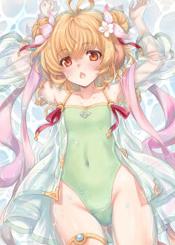 1girl andira_(granblue_fantasy) andira_(summer)_(granblue_fantasy) animal_ears arms_up blonde_hair blush casual_one-piece_swimsuit commentary_request covered_navel double_bun erune flat_chest granblue_fantasy green_one-piece_swimsuit hair_bun highres looking_at_viewer monkey_ears monkey_girl monkey_tail one-piece_swimsuit open_mouth orange_eyes partially_submerged solo swimsuit tail water wet yano_takumi