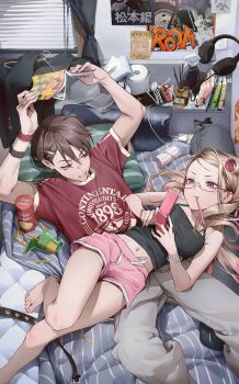 1boy 1girl absurdres annoyed barefoot bed black_camisole blonde_hair book bottle breasts brown_hair camisole cellphone chips_(food) clothes_hanger clothes_writing dolphin_shorts feet_out_of_frame flip_phone food glasses grey_pants headphones highres holding holding_book hvvvzzz long_hair looking_at_another looking_at_phone lying_on_another medium_breasts midriff navel nintendo_switch on_bed original pants phone pink-framed_eyewear pink_shorts poster_(object) potato_chips purple_eyes red_shirt semi-rimless_eyewear shirt short_hair short_sleeves shorts spray_bottle toilet_paper unworn_headphones v-shaped_eyebrows