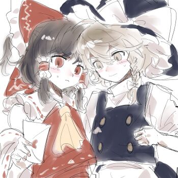 2girls apron ascot bare_shoulders black_hat black_skirt black_vest blonde_hair blush bow braid brown_hair collar detached_sleeves frilled_bow frilled_collar frilled_hair_tubes frilled_hat frills hair_bow hair_tubes hakurei_reimu hat hat_ribbon highres kirisame_marisa kouyicha multiple_girls red_bow red_eyes red_shirt red_skirt ribbon ribbon-trimmed_sleeves ribbon_trim shirt side_braid single_braid skirt skirt_set touhou turtleneck vest waist_apron white_background white_ribbon white_shirt witch_hat yellow_ascot yellow_eyes yuri