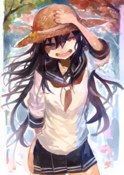 1girl absurdres akatsuki_(kancolle) black_hair black_sailor_collar black_skirt blue_eyes commentary_request hair_between_eyes hand_on_headwear hat highres kaamin_(mariarose753) kantai_collection leaf long_hair neckerchief one_eye_closed open_mouth pleated_skirt red_neckerchief sailor_collar school_uniform serafuku skirt solo straw_hat teeth tree upper_teeth_only very_long_hair