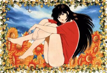 1girl asaoka_natsumi bare_legs barefoot black_hair blue_sky commentary_request crossed_wrists feet feet_up flower from_side full_body highres knees_up leaf long_hair looking_at_viewer looking_to_the_side miura_mitsuru no_pants official_art open_mouth orange_flower panties red_eyes red_panties red_shirt red_theme shirt sitting sky smile solo sunflower the_kabocha_wine thighs underwear