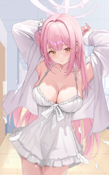 1girl absurdres arms_up blue_archive blush breasts camisole chinese_commentary cleavage closed_mouth collarbone feathers fingernails hair_bun hair_intakes hair_ribbon halo highres indoors karsa large_breasts long_hair looking_at_viewer mika_(blue_archive) nail_polish pink_hair pink_halo pink_nails ribbon shirt single_side_bun smile solo thighs tile_floor tiles white_camisole white_ribbon white_shirt yellow_eyes