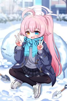 1girl :d absurdres abydos_high_school_logo ahoge black_pantyhose black_skirt blue_archive blue_coat blue_eyes blue_scarf coat commentary double_v fang grey_sweater_vest halo heterochromia highres hoshino_(blue_archive) hoshino_(second_year)_(blue_archive) long_hair looking_at_viewer open_mouth pantyhose pink_hair pink_halo plaid_clothes plaid_skirt ponytail scarf shoes shovel skirt smile snow snow_shovel solo sweater_vest tonghua_sakana v white_shoes winter yellow_eyes