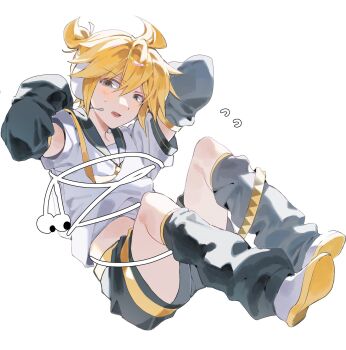 1boy ahoge arms_up black_leg_warmers black_sailor_collar black_shorts black_sleeves blonde_hair blue_eyes blush bound detached_sleeves earbuds earphones feet_up flying_sweatdrops furrowed_brow hashtag-only_commentary headset highres kagamine_len leg_warmers male_focus midriff_peek necktie nervous open_mouth ponytail sailor_collar samsap shirt shoes short_hair short_ponytail short_sleeves shorts simple_background sitting solo sweat tied_up_(nonsexual) vocaloid white_background white_shirt white_shoes yellow_necktie