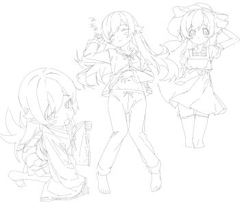 1girl absurdres arm_behind_back arm_behind_head arm_support barefoot blush_stickers closed_eyes closed_mouth cosplay cropped_legs dot_mouth dress_flip dress_ribbon expressionless fang feet flipped_hair floating_hair frilled_hat frills from_above from_side full_body groin hair_between_eyes hair_flaps hand_on_own_stomach hand_up hat highres japanese_clothes kimono kneeling lineart long_hair long_sleeves looking_at_viewer lying miniskirt monogatari_(series) multiple_views navel nontraditional_miko on_back open_mouth oshino_shinobu pajamas pajamas_lift pants pinching_sleeves pleated_skirt pointy_ears puffy_short_sleeves puffy_sleeves ribbon-trimmed_sleeves ribbon_trim ringed_eyes science_adventure scratching shiina_mayuri shiina_mayuri_(cosplay) shishirui_san short_sleeves simple_background skirt sleeping slit_pupils square_neckline steins;gate straight-on thighhighs very_long_hair white_background wide_sleeves zzz