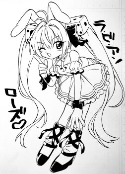 1girl absurdres animal_ears antenna_hair bow di_gi_charat dice_hair_ornament full_body greyscale hair_bow hair_intakes hair_ornament hand_on_own_leg high_heels highres index_finger_raised long_hair looking_at_viewer menma_(enaic31) monochrome open_mouth rabbit_ears rabbit_girl solo translated twintails usada_hikaru very_long_hair