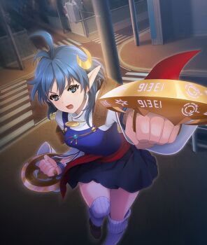 Rule 34 | 1girl, blue eyes, blue hair, cape, crescent, crescent hair ornament, foot out of frame, hair ornament, holding, holding weapon, looking at viewer, open mouth, outdoors, pointy ears, red cape, rena lanford, short hair, skirt, solo, star ocean, star ocean: anamnesis, star ocean: the second story, thighhighs, toji no miko, toji no miko: kizamishi issen no tomoshibi, weapon