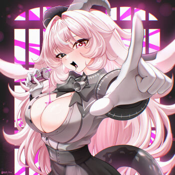 1girl absurdres animal_ears artist_name asymmetrical_horns backward-facing_horns bell black_bow black_bowtie black_eyes black_horns black_saliva black_skirt black_tail blush bot_pony bow bowtie breasts colored_saliva commentary cup dated_commentary drinking_glass femme_soule gloves goat_ears goat_horns grey_horns grey_shirt heterochromia highres holding holding_cup horns large_breasts long_hair long_sleeves looking_at_viewer mismatched_horns neck_bell open_mouth partially_unbuttoned pink_eyes pink_hair pouring pukey_goddess_shot_trick shirt shot_glass skirt solo tail very_long_hair white_gloves