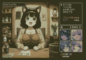 5girls :3 animal_ear_fluff animal_ears black_hair blue_eyes breasts cat_ears cat_girl chair cleavage commentary_request highres indoors lamp large_breasts leaf limited_palette long_sleeves looking_at_viewer medium_hair multiple_girls open_mouth original paper partially_translated pixel_art pixel_text plant potted_plant shelf shirt sign specialhanako table translation_request vase white_hair yellow_shirt