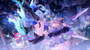 1girl black_gloves black_shorts chinese_commentary city city_lights commentary_request cropped_jacket cropped_shirt crossed_bangs drill_hair drill_ponytail eyewear_on_head falling fingerless_gloves fishnet_kneehighs fishnet_socks fishnets from_above full_body gloves goggles goggles_on_head grey_eyes grey_hair grin hair_between_eyes highres holographic_wings honkai:_star_rail honkai_(series) jacket long_hair looking_at_viewer lying mechanical_boots mechanical_tail navel night open_clothes open_jacket ponytail purple_hair shengmiluoya shirt shorts silver_wolf_(honkai:_star_rail) silver_wolf_(lv.999)_(honkai:_star_rail) single_fingerless_glove single_mechanical_glove smile socks solo tail thigh_strap twin_drills