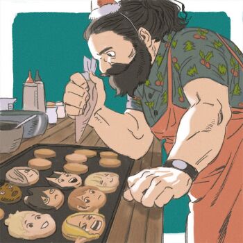 1boy amber389 animal_ears apron beard black_eyes black_hair blonde_hair border brown_hair cat_ears cat_girl chilchuck_tims contemporary cooking dark-skinned_male dark_skin dungeon_meshi dwarf elf facial_hair falin_touden food green_background grey_hair halfling hat horns inutade izutsumi kabru laios_touden long_hair male_focus marcille_donato mistletoe_print mithrun mustache oni pancake pointy_ears ponytail print_shirt santa_hat senshi_(dungeon_meshi) shirt short_hair short_sleeves skin-covered_horns solo thick_mustache watch white_border wristwatch