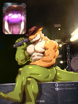 2boys bara bare_pectorals biceps commentary cowboy_hat crocodile_boy crocodilian_tail english_commentary fan_screaming_at_madison_beer_(meme) furry furry_male gummigoo hat holding holding_microphone looking_at_another looking_at_viewer male_focus max_(tadc) meme microphone multiple_boys muscular muscular_male music open_mouth patreon_logo patreon_username pectorals photo_background screaming singing sitting smile stage tail the_amazing_digital_circus twitter_username twitter_x_logo yuehan_xiansheng_(johnnyrunner101)