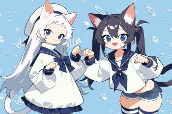 Rule 34 | 2girls, :3, :d, ahoge, animal ear fluff, animal ears, black hair, blue background, blue bow, blue bowtie, blue eyes, blue neckerchief, blue sailor collar, blue shorts, blue thighhighs, blue trim, bow, bowtie, cat ears, cat girl, cat tail, closed mouth, commentary, cowboy shot, cropped shirt, denim, denim shorts, dress, extra ears, fang, flat chest, hair between eyes, hands up, hat, high collar, highres, horizontal-striped thighhighs, leaning forward, light blush, llucilab, long hair, long sleeves, looking at viewer, midriff, multiple girls, neckerchief, open mouth, original, paw pose, puffy long sleeves, puffy sleeves, raised eyebrows, sailor collar, sailor dress, sailor hat, school uniform, serafuku, shirt, short dress, short shorts, shorts, sidelocks, skin fang, skindentation, smile, standing, striped clothes, striped thighhighs, tail, thighhighs, twintails, very long hair, white dress, white hair, white hat, white shirt, white thighhighs
