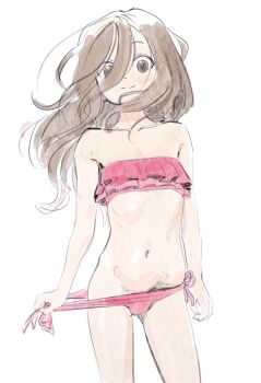 1girl armpit_crease bikini brown_eyes brown_hair butterchalk doodle female_focus flat_chest highres karakai_jouzu_no_takagi-san legs loli long_hair looking_at_viewer navel side-tie_bikini_bottom smile solo standing stomach swimsuit takagi-san thighs untied_bikini_bottom white_background