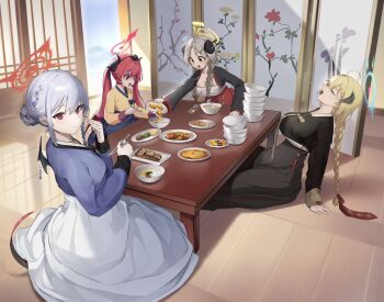 4girls akari_(blue_archive) akari_(new_year)_(blue_archive) alternate_costume black_hanbok black_horns blonde_hair blue_archive blue_hanbok blush breasts brown_eyes chima_(clothes) chopsticks cleavage closed_mouth demon_horns food gourmet_research_society_(blue_archive) grey_hair halo hanbok haruna_(blue_archive) highres holding holding_chopsticks horns indoors izumi_(blue_archive) jeogori_(clothes) junko_(blue_archive) junko_(new_year)_(blue_archive) kekek korean_clothes large_breasts light_brown_hair long_hair long_sleeves meat multiple_girls official_alternate_costume open_mouth red_eyes red_hair sitting smile spoon table twintails