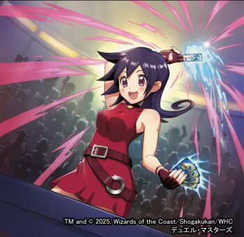 1girl 2025 arm_up audience aura card copyright_notice dress duel_masters dutch_angle fingerless_gloves gloves holding holding_card long_hair momose_hisashi official_art open_mouth purple_hair red_dress red_eyes red_gloves solo sparkle tasogare_mimi teeth upper_teeth_only
