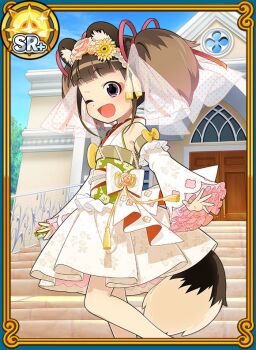 1girl animal_ears armpits black_eyes bridal_veil brown_hair church commentary_request door fake_animal_ears from_side one_eye_closed open_mouth outdoors raccoon_ears raccoon_girl raccoon_tail short_hair stairs tail tanuko twintails uchako uchi_no_hime-sama_ga_ichiban_kawaii veil