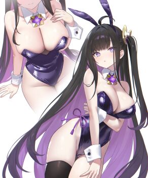 1girl adelie_cat alternate_costume animal_ear_hairband animal_ears arm_under_breasts black_hair black_thighhighs blush breasts chitose_(stella_sora) cleavage commentary_request detached_collar fake_animal_ears hair_intakes hairband highleg highleg_leotard highres large_breasts leotard long_hair looking_at_viewer mole mole_under_eye multiple_views one_side_up playboy_bunny purple_eyes purple_leotard purple_ribbon rabbit_ear_hairband rabbit_ears ribbon simple_background single_thighhigh sitting skindentation stella_sora strapless strapless_leotard thighhighs thighs very_long_hair white_background white_wrist_cuffs wrist_cuffs