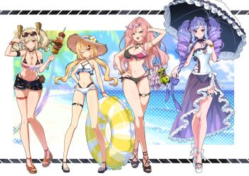 4girls absurdres ahoge alternate_costume amillion_(zenless_zone_zero) anklet arm_behind_head arm_up armband armlet armpits bag bangboo_(zenless_zone_zero) bare_shoulders bikini bikini_under_clothes black_armband black_nails blonde_hair blue_shorts blush bow bracelet breasts burnice_white closed_mouth collar collarbone commentary_request corn covered_navel cross-laced_clothes crossed_bangs dress_swimsuit drill_hair earrings eyewear_on_head flower food footwear_bow footwear_ribbon frilled_bikini frilled_skirt frilled_umbrella frills front-tie_bikini_top front-tie_top full_body fur-trimmed_shorts fur_trim gradient-tinted_eyewear green_eyes grin hair_between_eyes hand_on_own_hip hat hat_flower head_tilt heart heart-shaped_eyewear heart_earrings heart_necklace highres holding holding_skewer holding_umbrella jewelry large_breasts legs_apart long_hair long_skirt looking_at_viewer luciana_de_montefio meat medium_breasts micro_shorts midriff mole mole_on_breast mole_on_thigh mole_under_eye multicolored_bikini multicolored_panties multiple_girls nail_polish navel necklace nicole_demara ocean one_eye_closed open-toe_shoes open_mouth palm_tree panties pink_hair pink_scrunchie pointy_ears purple_hair purple_skirt red-framed_eyewear red_eyes scrunchie see-through_clothes see-through_skirt shadow shoes short_twintails shorts shrimp single_bare_shoulder skewer skirt smile sparkling_eyes spiked_belt spiked_wristband stomach strapless straw_hat string_panties stuffed_toy swim_ring swimsuit thigh_strap thighs tinted_eyewear toenail_polish toenails tree tsurumaki_negi tube_top twintails umbrella underwear v vivian_banshee white-framed_eyewear white_background white_bikini white_flower white_shoes white_tube_top white_umbrella zenless_zone_zero