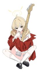 Rule 34 | 1girl, ahoge, black footwear, blonde hair, blue archive, blush, coat, electric guitar, gomibako (gomibako price), guitar, hair ribbon, halo, highres, hugging object, instrument, loafers, looking at viewer, official alternate costume, red coat, ribbon, shoes, simple background, sitting, socks, solo, twintails, white background, white socks, yoshimi (band) (blue archive), yoshimi (blue archive)