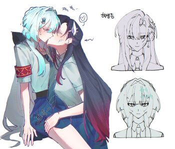 2girls armband blue_hair blue_necktie blue_skirt blush cerydra_(honkai:_star_rail) closed_mouth commentary ear_blush earrings english_commentary hair_intakes heart highres honkai:_star_rail honkai_(series) hysilens_(honkai:_star_rail) jewelry kiss korean_text long_hair multiple_girls necktie pleated_skirt purple_hair red_armband red_hair salmon_fish7 school_uniform shirt skirt smile spoken_heart translation_request white_background white_shirt yuri