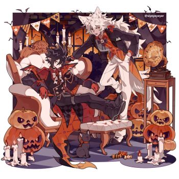 2boys animal_ear_fluff animal_ears bat_(animal) black_bow black_bowtie black_cat black_choker black_hair black_jacket black_pants black_shoes black_vest bow bowtie candle candy cat choker commentary disgaea english_commentary epaulettes fang fenrich_(disgaea) food footstool full_body gloves hair_bow hand_in_pocket handkerchief highres indoors jack-o&#039;-lantern jack-o&#039;-lantern_print jacket long_hair long_sleeves makai_senki_disgaea_4 male_focus multiple_boys open_mouth orange_sky pants phonograph pointy_ears red_bow red_eyes red_gloves red_shirt shirt shoes short_hair single_epaulette sitting siyer skull_brooch sky standing standing_on_one_leg string_of_flags striped_clothes striped_shirt tail valvatorez_(disgaea) vest white_bow white_bowtie white_hair white_pants window wolf_tail wrapped_candy yellow_eyes