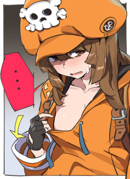 ... 1girl arrow_(symbol) backpack bag black_gloves blush border breasts brown_eyes brown_hair cleavage clothes_pull collarbone commentary_request embarrassed fingerless_gloves gloves gradient_background grey_background guilty_gear guilty_gear_strive hair_between_eyes hat hat_ornament highres hood hood_down hoodie long_hair long_sleeves may_(guilty_gear) newsboy_cap open_mouth orange_hat orange_hoodie outside_border revision shade shirt_pull skull_and_crossbones skull_hat_ornament small_breasts solo speech_bubble sweatdrop touniyuu upper_body white_background white_border