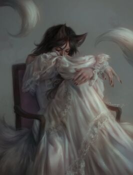 1girl absurdres ahri_(league_of_legends) alternate_costume animal_ears black_hair chair closed_eyes commentary covered_mouth dress english_commentary facial_mark fingernails fox_ears fox_girl fox_tail grey_background highres kitsune knees_to_chest lace lace-trimmed_dress lace_trim league_of_legends long_dress long_fingernails long_hair long_sleeves multiple_tails nail_polish on_chair realistic red_nails seraya_x simple_background single_bare_shoulder sitting solo tail twitter_username whisker_markings white_dress white_tail
