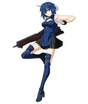 1girl 3d bare_arms bare_shoulders black_skirt blue_boots blue_collar blue_dress blue_eyes blue_hair blue_pupils boots breasts ciel_(tsukihime) cleavage_cutout closed_mouth clothing_cutout collar collared_dress cutout_above_navel dress full_body game_cg glove_cuffs gloves gun hair_between_eyes high_heel_boots high_heels highres holding holding_gun holding_weapon hondo_kaede huge_weapon large_breasts looking_at_viewer melty_blood melty_blood:_type_lumina miniskirt mizuumi_(site) multicolored_boots non-web_source official_art pleated_skirt powered_ciel serious seventh_holy_scripture short_hair skirt sleeveless sleeveless_dress solo takeuchi_takashi thigh_boots tsukihime tsukihime_(remake) two-tone_boots two-tone_gloves type-moon voice_actor_connection weapon white_gloves