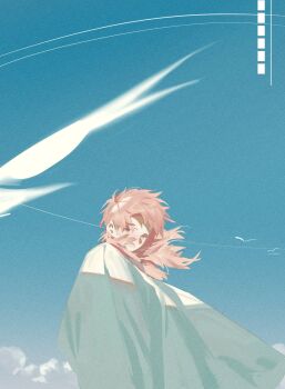 1boy bird blue_sky closed_mouth cloud half-closed_eyes highres kimetsu_no_yaiba long_hair looking_at_viewer male_focus messy_hair moutghn mullet outdoors red_hair robe sabito_(kimetsu) sky solo upper_body white_robe wind