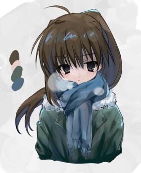 1girl ahoge blue_scarf brown_eyes brown_hair closed_mouth coat commentary_request fur-trimmed_coat fur_trim genderswap genderswap_(mtf) green_coat hair_between_eyes joral_(jar_of_desire) kyonko long_hair ponytail scarf simple_background sketch suzumiya_haruhi_no_shoushitsu suzumiya_haruhi_no_yuuutsu white_background