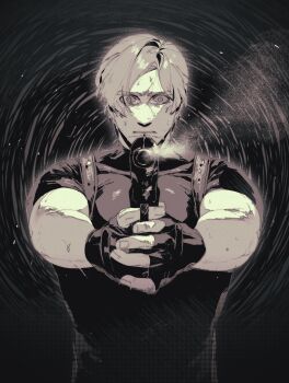 Rule 34 | 1boy, aiming, aiming at viewer, black gloves, black shirt, fingerless gloves, furrowed brow, gloves, greyscale, gun, highres, leon s. kennedy, male focus, monochrome, parted bangs, parted lips, quo theraven, resident evil, resident evil 4, shirt, short hair, short sleeves, smoke, smoking barrel, solo, sweat, upper body, weapon, wide-eyed