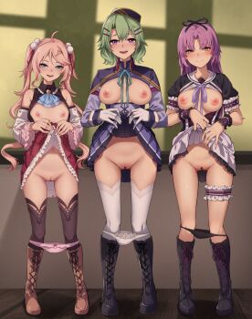 3girls ahoge bar_censor black_boots black_panties black_ribbon black_shirt black_thighhighs blue_eyes boots breasts brown_boots censored closed_mouth clothes_lift commentary_request eiyuu_densetsu fluegel_(gumi710) full_body green_hair hair_between_eyes hair_ornament hair_ribbon hairclip hajimari_no_kiseki highres knee_boots lifting_own_clothes long_hair looking_at_viewer medium_breasts multiple_girls musse_egret nadia_rayne nipples panties pink_hair purple_eyes purple_hair pussy renne_(eiyuu_densetsu) ribbon sen_no_kiseki sen_no_kiseki_(series) sen_no_kiseki_iii shirt short_hair smile sora_no_kiseki standing thighhighs thighs twintails underwear white_panties white_thighhighs yellow_eyes