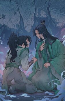 2boys bed bindi black_hair blood blood_from_mouth broken_glass bullying curly_hair djuney9 fog ghost glass gradient_background grass_print green_eyes hair_ornament highres hospital_bed luo_binghe male_focus multiple_boys official_art ponytail renzha_fanpai_zijiu_xitong shen_jiu_(renzha_fanpai_zijiu_xitong) shen_qingqiu tears tombstone two-tone_background xiangyun