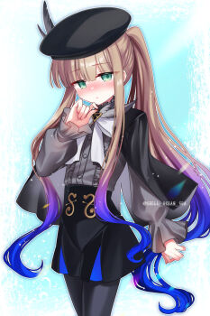 1boy aiguillette beret black_capelet black_hat black_shorts blonde_hair blue_hair blush bow bowtie capelet fate/grand_order fate_(series) gradient_hair green_eyes grey_pantyhose grey_shirt hat hat_feather high-waist_shorts highres long_hair long_sleeves looking_at_viewer multicolored_hair nemo_(fate/grand_order_arcade) noah_(second_ascension)_(fate/grand_order) pantyhose ponytail shell_ocean shirt shorts solo thighs two-tone_hair very_long_hair