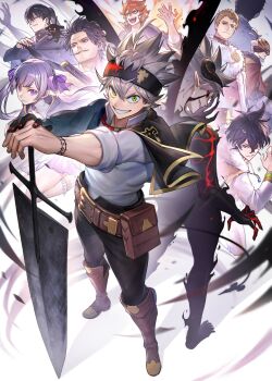 Rule 34 | 2girls, 6+boys, asta (black clover), black bulls (emblem), black capelet, black clover, black hair, black headband, blonde hair, capelet, green eyes, grey hair, headband, highres, julius novachrono, liebe (black clover), looking at viewer, lucius zogratis, mereoleona vermillion, multiple boys, multiple girls, nacht faust, noelle silva, planted, planted sword, planted weapon, short hair, smile, spiked hair, sword, tsugutoku, weapon, william vangeance, yami sukehiro, yuno (black clover)