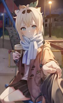 1girl blonde_hair blush brown_coat clothes_grab coat commentary_request cup disposable_coffee_cup disposable_cup fingernails grabbing_another&amp;#039;s_sleeve highres hololive kazama_iroha lamppost mamdtsubu night on_swing pov pov_hands scarf skirt slide swing virtual_youtuber
