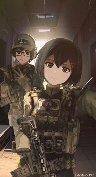 1boy 1girl alternate_costume assault_rifle backpack bag baseball_cap black-framed_eyewear black_eyes black_hair camouflage camouflage_bag camouflage_shirt ceiling cellphone commentary commission cs_gas_grenade cts_flash-bang-9 dated dgkamikaze english_commentary explosive eyelashes flashbang gas_grenade glasses gloves green_bag green_gloves green_headwear green_pants grenade gun hair_between_eyes hair_ornament hand_grenade handgun hat head_tilt headphones headset highres holding holding_gun holding_weapon holster indoors less-than-lethal_weapon light_smile magazine_(weapon) marvel microphone military_combat_uniform military_uniform name_tag pants patch peni_parker phone reaching reaching_towards_viewer rectangular_eyewear rifle second-party_source selfie shirt short_hair smartphone spider-man:_across_the_spider-verse spider-man_(series) spider-verse stun_grenade tactical_clothes tear_gas_grenade thigh_holster tile_ceiling tiles trigger_discipline turtleneck upper_body v walkie-talkie weapon weapon_request x_hair_ornament